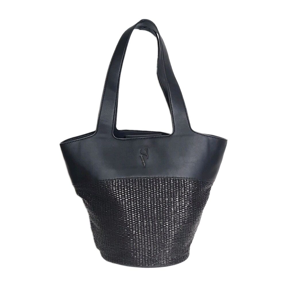 Simply Vera Vera Wang Large Straw Tote Bag Black Mixed Media Woven Faux Leather